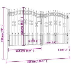 Vidaxl Vrata za ograjo s suličastim vrhom črna 305x198 cm prašno jeklo