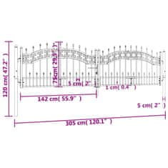 Vidaxl Vrata za ograjo s suličastim vrhom črna 305x120 cm prašno jeklo