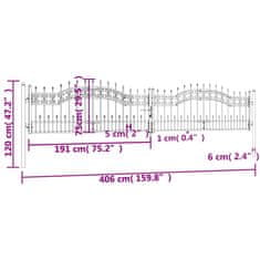 Vidaxl Vrata za ograjo s suličastim vrhom črna 406x120 cm prašno jeklo