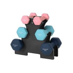 shumee Hexagon Dumbbell Set s stojalom - 2 x 1 kg, 2 x 2 kg, 2 x 3 kg, mat neoprenska obdelava, uteži za domačo vadbo, roza, aqua in modra SYL612MK