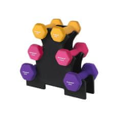 shumee Hexagon dumbbell set s stojalom, 2 x 1 kg, 2 x 1,5 kg, 2 x 2 kg, ročne uteži z mat neoprenskim zaključkom, za domače vaje, rumena, roza in vijolična SYL609B02