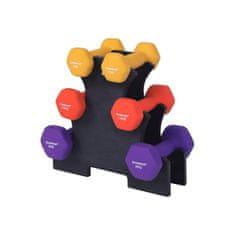 shumee Hexagon dumbbell set s stojalom, 2 x 1 kg, 2 x 1,5 kg, 2 x 2 kg, ročne uteži z mat neoprenskim zaključkom, za domače vaje, rumena, oranžna in vijolična SYL69BK