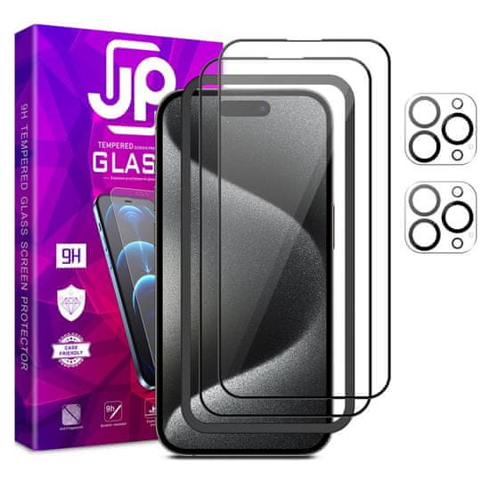 JP JP Full Pack Zaščitno kaljeno steklo, 2x 3D steklo z aplikatorjem + 2x steklo na objektivu, iPhone 15 Pro