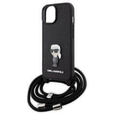 Karl Lagerfeld Originalni APPLE IPHONE 15 Karl Lagerfeld Hardcase Crossbody Saffiano Monogram Metal Pin Karl &amp; Choupette (KLHCP15SSASKNPSK) black