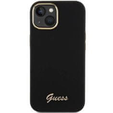 Guess Originalni trdi ovitek APPLE IPHONE 15 Guess Silicone Script Metal Logo &amp; Frame (GUHCP15SSMBSLK) black