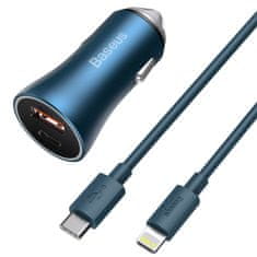 BASEUS BASEUSov avtomobilski polnilec USB A + tip C + kabel tipa C do Ligthning PD QC4.0 3A 40W TZCCJD-03 modra