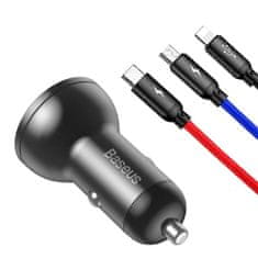 BASEUS BASEUSov avtomobilski polnilec 2 x USB A z zaslonom + kabel 3-v-1 Micro USB / Lightning / Type C 4,8A 24W TZCCBX-0G črn