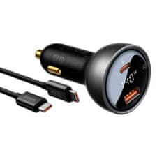 BASEUS BASEUS Avto polnilec USB A + tip C z zaslonom + kabel od tipa C do tipa C PD3.1 QC3.0 3A 140W črn