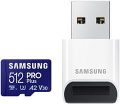 SAMSUNG PRO Plus MicroSDXC 512 GB + adapter USB / CL10 UHS-I U3 / A2 / V30