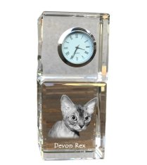 Artdog Devon Rex - kristalna ura s fotografijo, fotografija mačke v kristalu, personalizirana namizna ura znamke Art-Dog