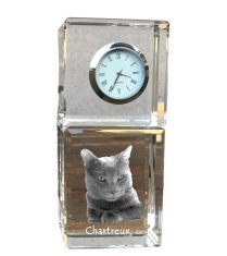 Artdog Chartreux - kristalna ura s fotografijo, fotografija mačke v kristalu, personalizirana namizna ura znamke Art-Dog