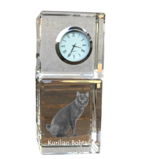 Artdog Kurilski bobtail - kristalna ura s fotografijo, fotografija mačke v kristalu, personalizirana namizna ura znamke Art-Dog