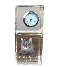 Artdog Kurilski bobtail dolgodlaki - kristalna ura s fotografijo, fotografija mačke v kristalu, personalizirana namizna ura znamke Art-Dog