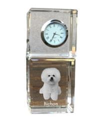 Artdog Bichon Frise, Bichon Tenerife, Bichon a poil frise - kristalna ura s fotografijo, fotografija psa v kristalu, personalizirana namizna ura znamke Art-Dog