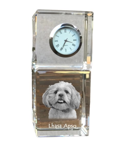 Artdog Lhasa Apso - kristalna ura s fotografijo, fotografija psa v kristalu, personalizirana namizna ura znamke Art-Dog