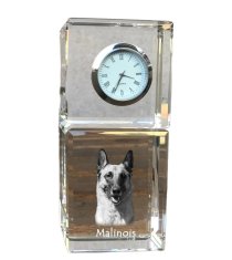 Artdog Malinois belgijski ovčar - kristalna ura s fotografijo, fotografija psa v kristalu, personalizirana namizna ura znamke Art-Dog