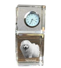 Artdog Samojed, Bjelkier, Samoiedskaya Sobaka - kristalna ura s fotografijo, fotografija psa v kristalu, personalizirana namizna ura znamke Art-Dog