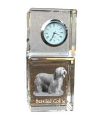 Artdog Bearded Collie, Highland Collie, Mountain Collie - kristalna ura s fotografijo, fotografija psa v kristalu, personalizirana namizna ura znamke Art-Dog