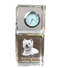 Artdog West Highland White Terrier, Westie, Westy - kristalna ura s fotografijo, fotografija psa v kristalu, personalizirana namizna ura znamke Art-Dog