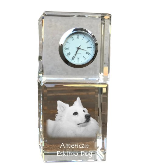 Artdog Ameriški eskimski pes, ameriški špic - kristalna ura s fotografijo, fotografija psa v kristalu, personalizirana namizna ura znamke Art-Dog