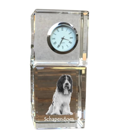 Artdog Schapendoes, nizozemski ovčar, Nederlandse Schapendoes - kristalna ura s fotografijo, fotografija psa v kristalu, personalizirana namizna ura znamke Art-Dog