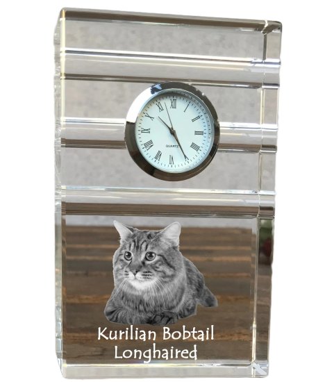 Artdog Kurilski bobtail dolgodlaki - steklena ura s fotografijo, fotografija mačke v kristalu, personalizirana stoječa pisarniška ura blagovne znamke Art-Dog