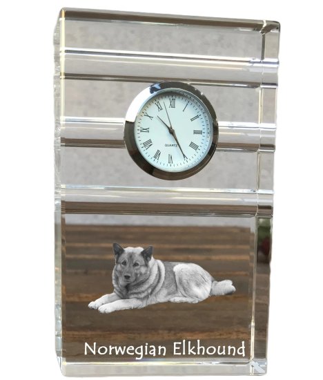 Artdog Norveški Elkhound, Norsk elghund, Gray Norwegian Elkhound - steklena ura s fotografijo, fotografija psa v kristalu, personalizirana stoječa pisarniška ura znamke Art-Dog