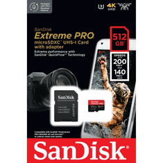 SanDisk Extreme PRO microSDXC 512 GB + SD adapter 200 MB/s in 140 MB/s A2 C10 V30 UHS-I U3