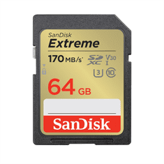 SanDisk Extreme 64 GB SDXC pomnilniška kartica 170 MB/s in 80 MB/s, UHS-I, razred 10, U3, V30