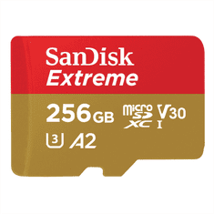 SanDisk Extreme microSDXC 256 GB + SD adapter 190 MB/s in 130 MB/s branje/pisanje A2 C10 V30 UHS-I U3