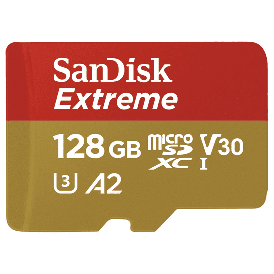 SanDisk Extreme microSDXC 128 GB za akcijske kamere + adapter SD 190 MB/s in 90 MB/s, A2 C10 V30 UHS-I U4