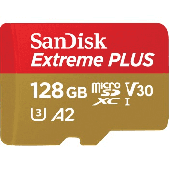 SanDisk Extreme PLUS microSDXC 128 GB + SD adapter 200 MB/s in 90 MB/s A2 C10 V30 UHS-I U3