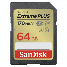 SanDisk Extreme PLUS 64 GB SDXC pomnilniška kartica 170 MB/s in 80 MB/s, UHS-I, razred 10, U3, V30