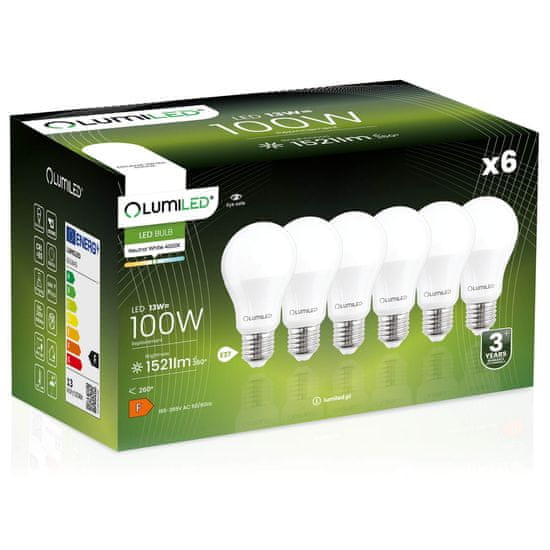 LUMILED 6x LED žarnica A60 E27 13W = 100W 1521lm 4000K Nevtralno bela 260°