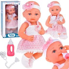 Toys Gumijasta dojenčkova lutka v roza oblekici steklenička s cucljem ZA5235