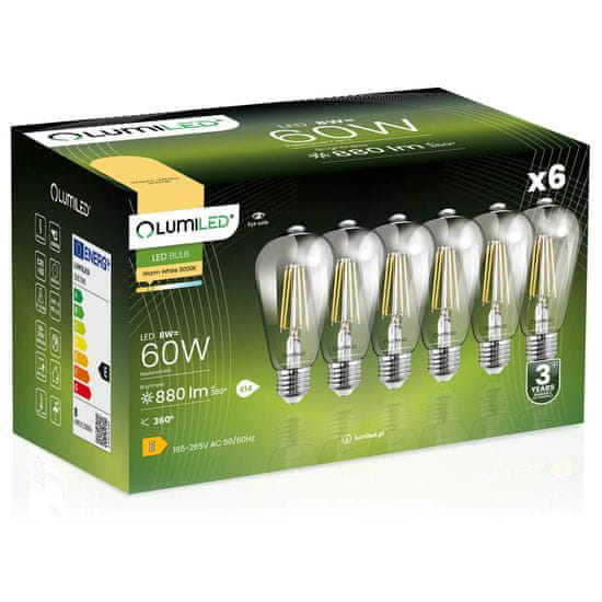 LUMILED 6x LED žarnica EDISON ST64 E27 8W = 60W 880lm 3000K Toplo bela 360°