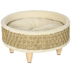 PAWHUT Dog Bed Dvignjena Postelja Za Hišne Ljubljenčke S Pralno Blazino, Vrvjo Iz Morske Trave In Lesenimi Nogami, Okrogla, Bež+Kaki, 48X48X24,5 Cm 