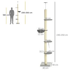 PAWHUT Mačji Praskalnik, Višina Stropa 230-250 Cm, Z Visečo Mrežo, Nastavljiva Po Višini, Siva + Krem Bela 