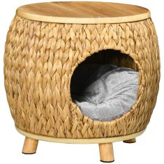 PAWHUT Rattan Cat Cave Design 2-V-1 Mačja Košara Z Blazino Pet Bed Water Hyacinth Grass Paulownia Wood Light Brown + Grey 44 X 43 X 42 Cm 