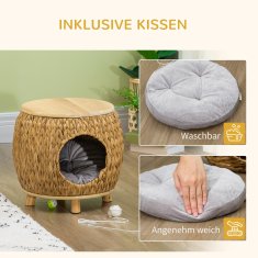 PAWHUT Rattan Cat Cave Design 2-V-1 Mačja Košara Z Blazino Pet Bed Water Hyacinth Grass Paulownia Wood Light Brown + Grey 44 X 43 X 42 Cm 