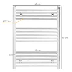 HOMCOM Radiator Za Brisače Hydronic Grelnik Za Brisače 14 Grelnih Palic Kopalniški Radiator Grelnik Za Brisače Stenski Ogljikovo Jeklo Srebrna 600 X 800 Mm 