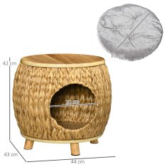 PAWHUT Rattan Cat Cave Design 2-V-1 Mačja Košara Z Blazino Pet Bed Water Hyacinth Grass Paulownia Wood Light Brown + Grey 44 X 43 X 42 Cm 