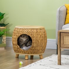 PAWHUT Rattan Cat Cave Design 2-V-1 Mačja Košara Z Blazino Pet Bed Water Hyacinth Grass Paulownia Wood Light Brown + Grey 44 X 43 X 42 Cm 