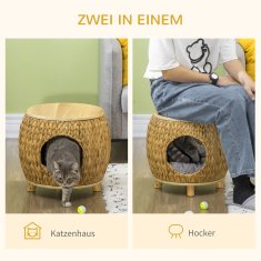 PAWHUT Rattan Cat Cave Design 2-V-1 Mačja Košara Z Blazino Pet Bed Water Hyacinth Grass Paulownia Wood Light Brown + Grey 44 X 43 X 42 Cm 