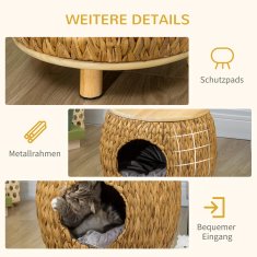 PAWHUT Rattan Cat Cave Design 2-V-1 Mačja Košara Z Blazino Pet Bed Water Hyacinth Grass Paulownia Wood Light Brown + Grey 44 X 43 X 42 Cm 