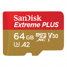 SanDisk Extreme PLUS microSDXC 64 GB + SD adapter 200 MB/s in 90 MB/s A2 C10 V30 UHS-I U8