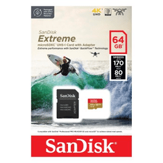 SanDisk Extreme microSDXC 64 GB za akcijske kamere + SD adapter 170 MB/s in 80 MB/s, A2 C10 V30 UHS-I U3