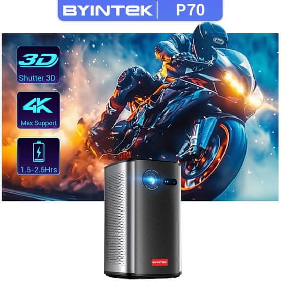 Byintek Mini prenosni projektor P70 3D 4K | DLP Auto Focus, pametni Android WiFi LED 1080P z baterijo za domači kino