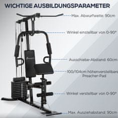 HOMCOM Multi-Gym Fitnes Postaja Z Lat Pull-Down In Butterfly Palico Ter 45 Kg Utežmi Za Vadbo Moči Jeklo Umetno Usnje Črna 180 X 108 X 200 Cm 