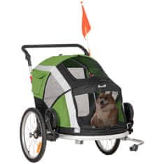 PAWHUT 2-V-1 Dog Trailer Zložljiva Prikolica Za Kolesa Za Hišne Ljubljenčke In Nosilec Za Pse, Tkanina Oxford, Zelena+Srebrna, 150X82X108 Cm 